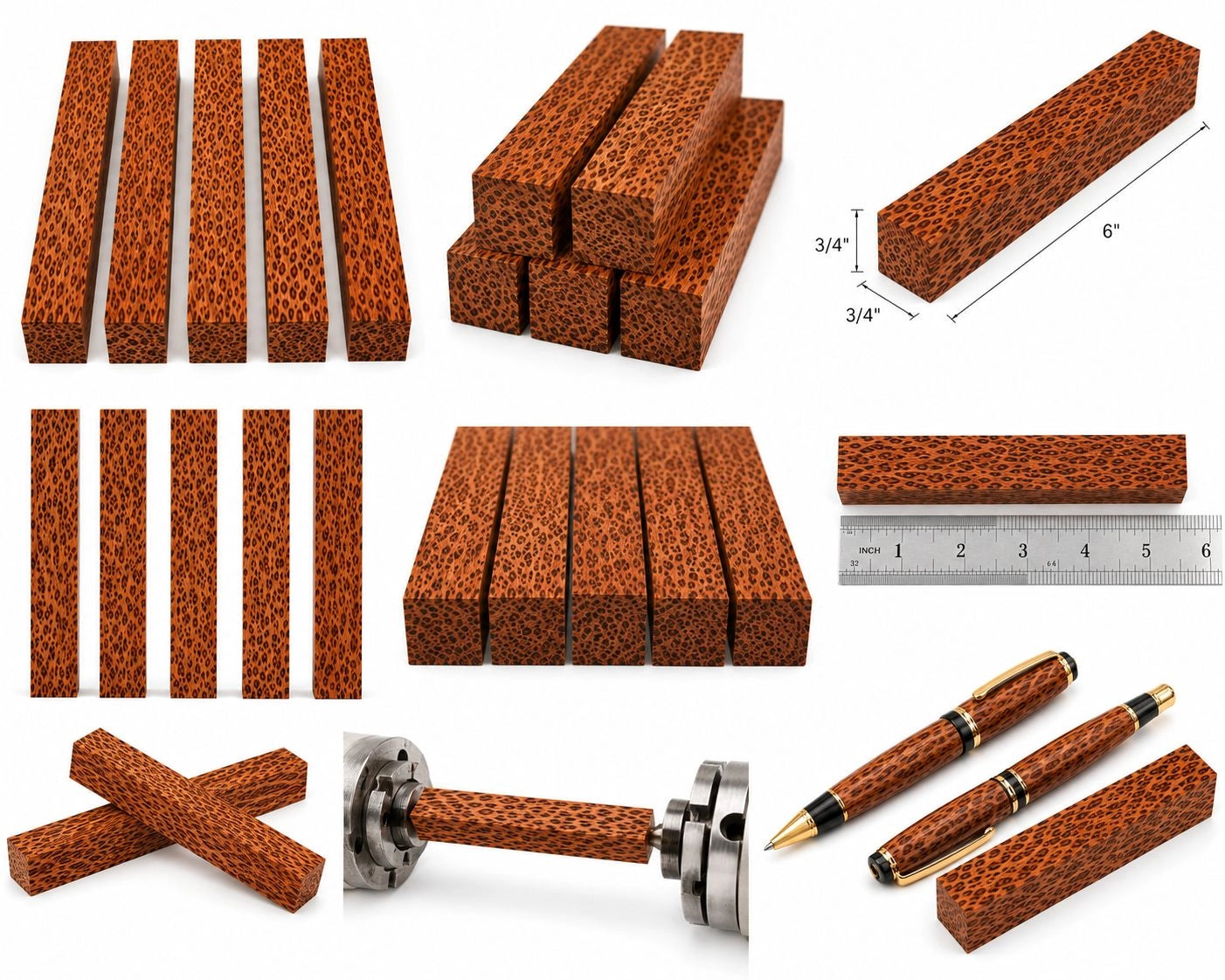 Leopardwood Pen Blanks – 3/4" x 3/4" x 6" (5 Piece Set) | Exotic Wood Turning Blanks for Pens, Crafting & Woodworking
