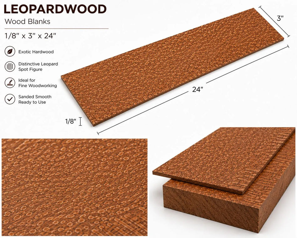 Leopardwood Wood Blanks – 1/8" x 3" x 24" Exotic Hardwood Craft & Guitar Wood