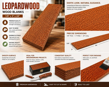 Leopardwood Wood Blanks – 1/8" x 3" x 24" Exotic Hardwood Craft & Guitar Wood