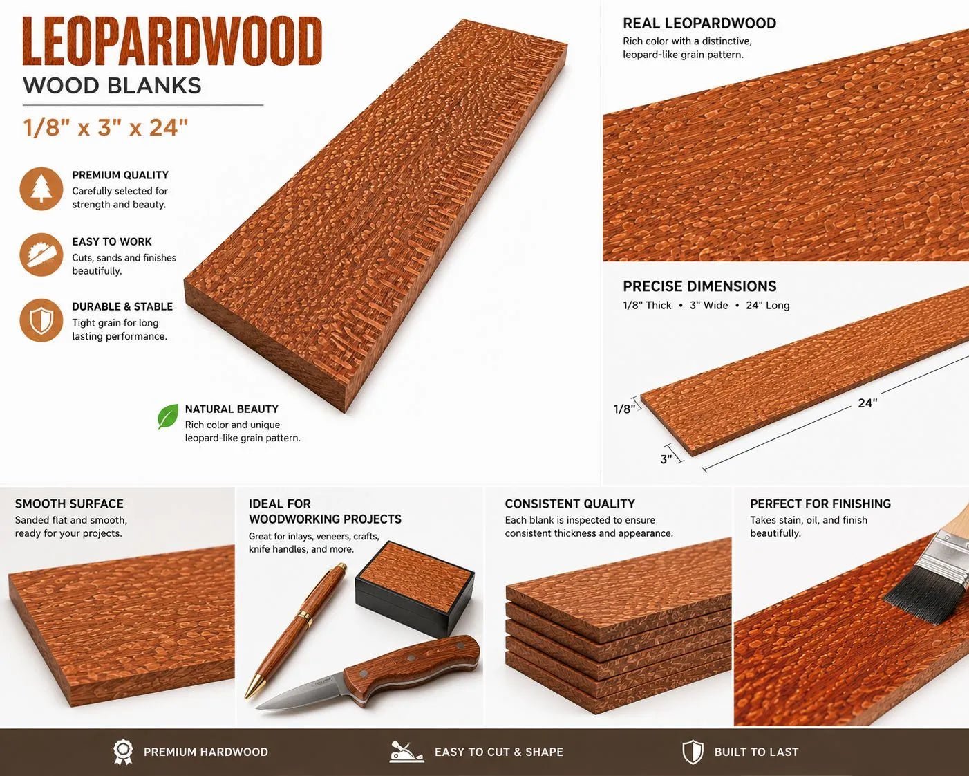Leopardwood Wood Blanks – 1/8" x 3" x 24" Exotic Hardwood Craft & Guitar Wood