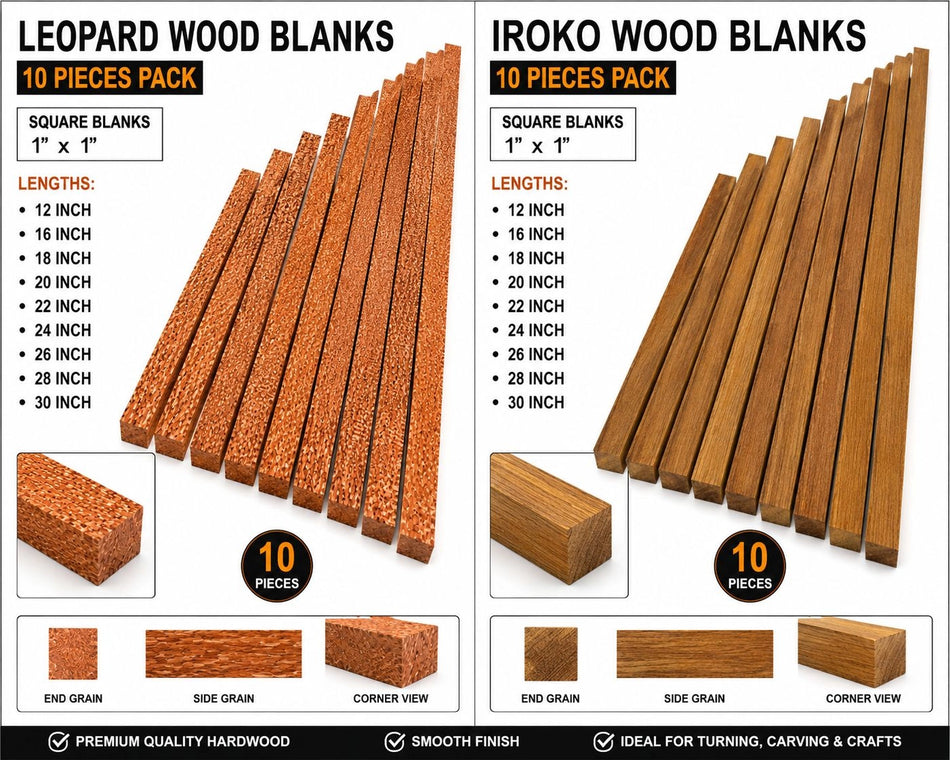 Leopardwood & Iroko Wood Turning Blanks – Premium Exotic Hardwood Combo Pack (10 Pieces)
