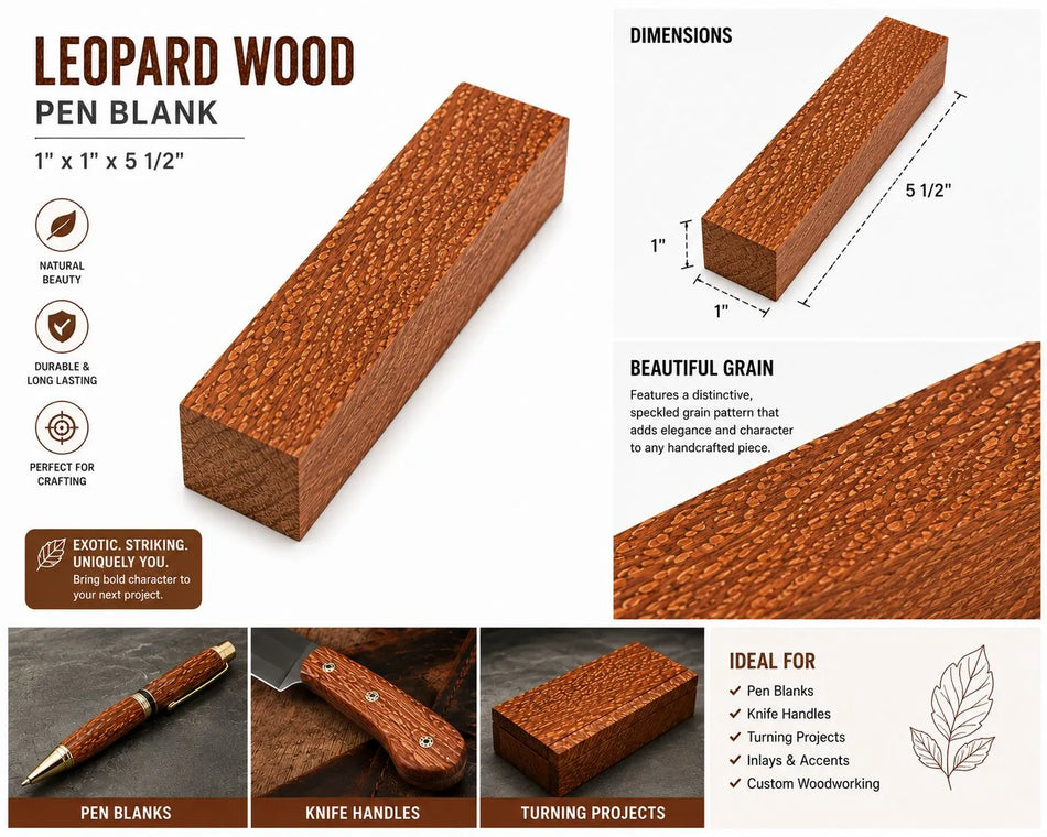 Leopardwood Pen Blanks – 3/4" x 3/4" x 5-1/2" Premium Exotic Wood for Turning & Pen Making