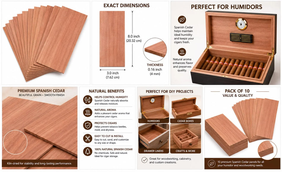 Paneles de madera de cedro español para hacer humidores – Paquete de 10 unidades (20,32 x 7,62 x 0,4 cm)