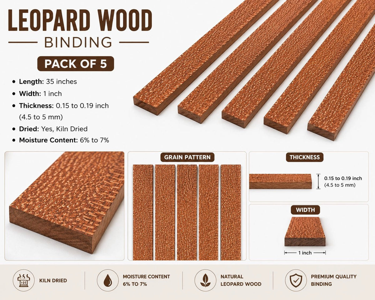 Pack of 5 Leopardwood Binding Wood Strips-35" x 1" x 0.15"–0.19"