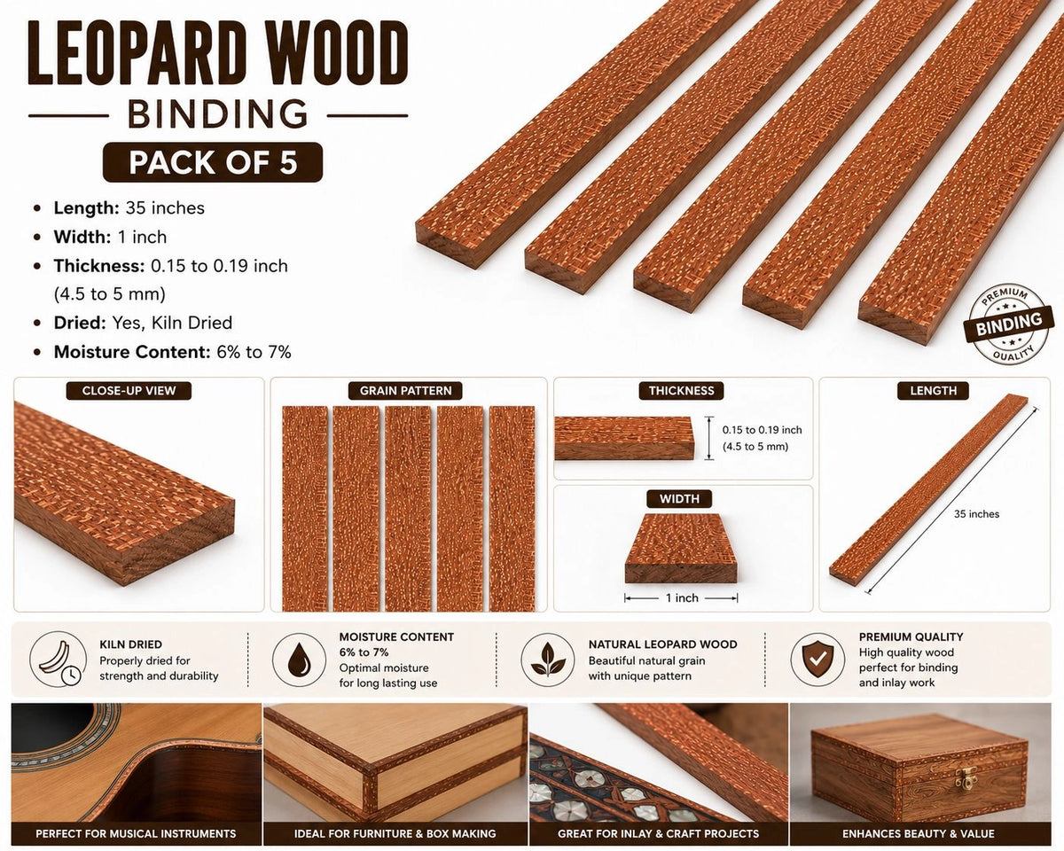 Pack of 5 Leopardwood Binding Wood Strips-35" x 1" x 0.15"–0.19"