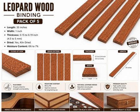 Pack of 5 Leopardwood Binding Wood Strips-35" x 1" x 0.15"–0.19"