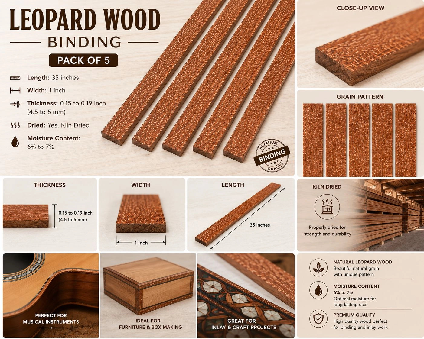 Pack of 5 Leopardwood Binding Wood Strips-35" x 1" x 0.15"–0.19"
