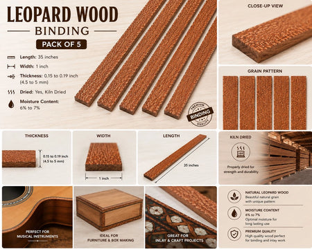 Pack of 5 Leopardwood Binding Wood Strips-35" x 1" x 0.15"–0.19"