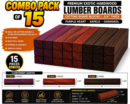 Combo Pack of 15 Exotic Hardwood Lumber Boards – Purple Heart, Sapele & Ovangkol – 3/4" Thick Cutting Board Blanks