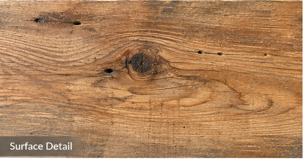 A large reclaimed Douglas Fir timber shown in a warehouse setting, with inset detail views of the end, surface, and full length. Text on the image identifies the product as reclaimed Douglas fir, 2" x 12" x 16 ft, and lists features including natural grain and character.