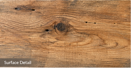 A large reclaimed Douglas Fir timber shown in a warehouse setting, with inset detail views of the end, surface, and full length. Text on the image identifies the product as reclaimed Douglas fir, 2" x 12" x 16 ft, and lists features including natural grain and character.