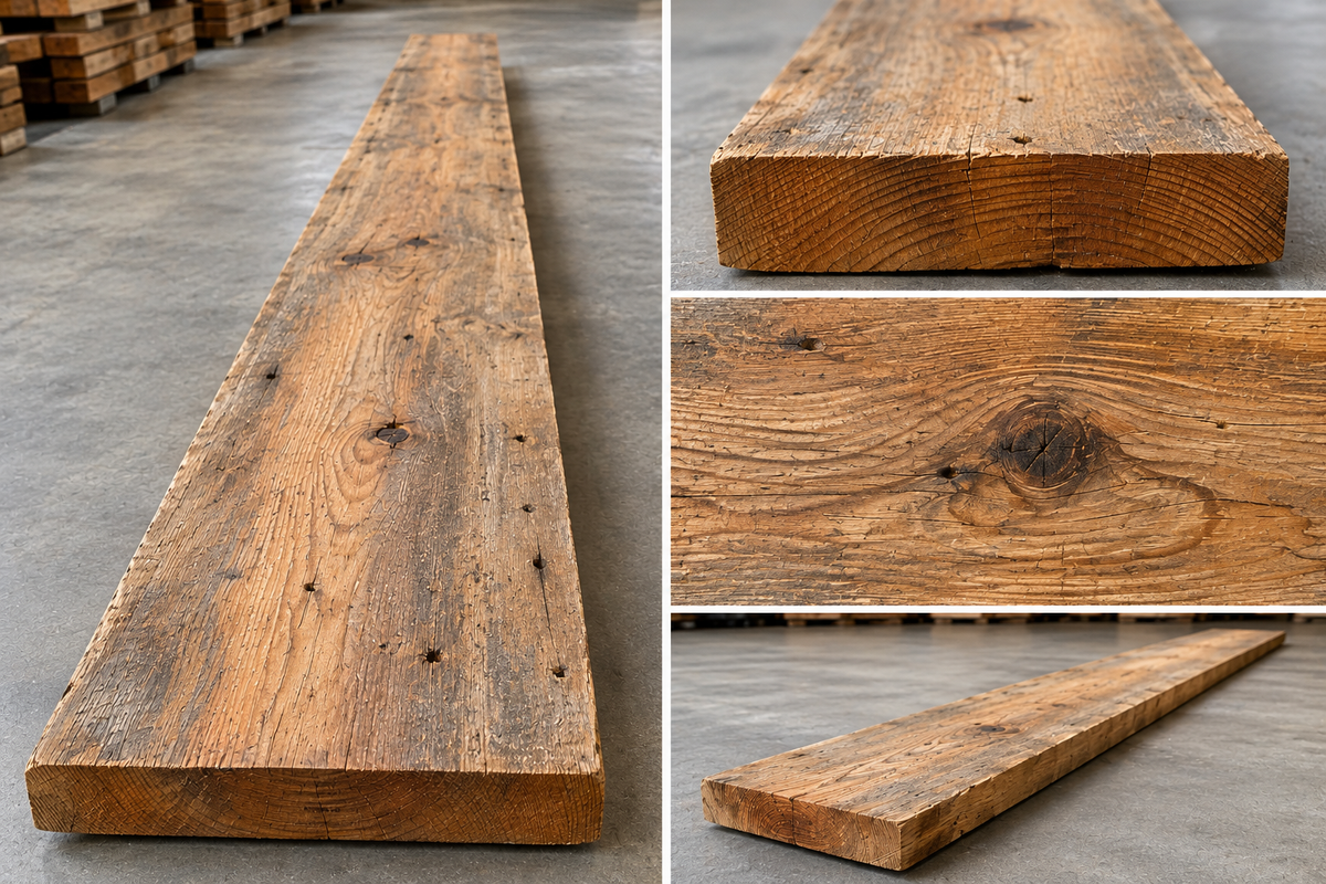 A collage showing a long rustic wooden plank from multiple angles in a warehouse setting. The left panel shows the full plank on the concrete floor, while the right panel contains three smaller detail and angle views highlighting the wood grain, knots, and rough edges.