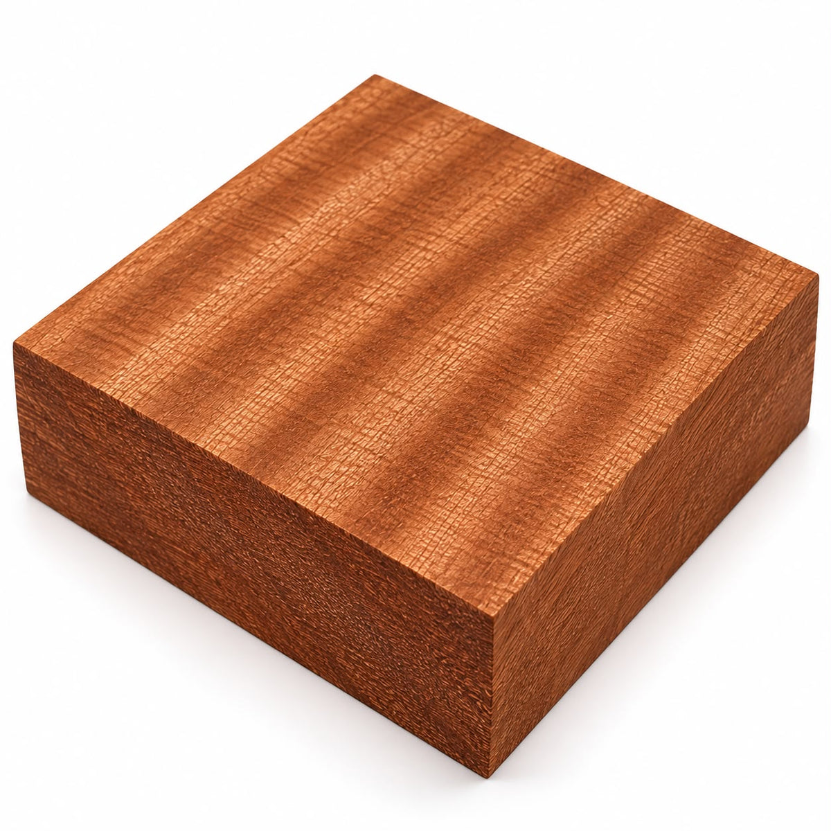 A square wood block sample with a warm reddish-brown finish and visible grain texture, shown on a clean white background.