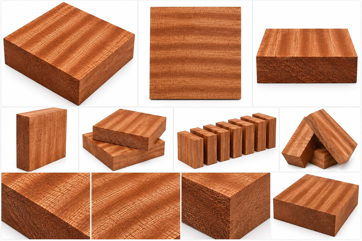 A collage of multiple views and angles showing reddish-brown wood blocks and slabs with visible grain patterns, arranged on a white background.
