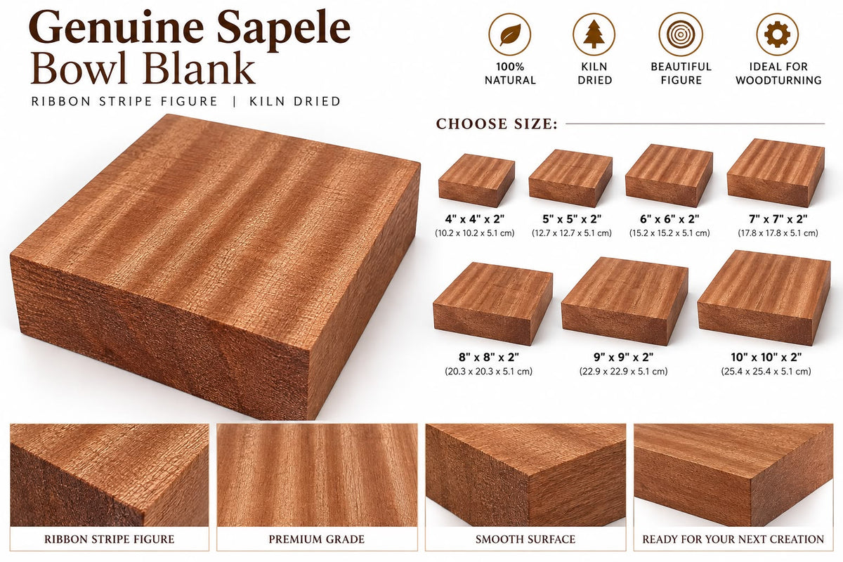 A promotional graphic for a Genuine Sapele Bowl Blank wood block, showing a large rectangular wood sample with visible grain, size options, feature icons, and close-up texture panels on a white background.