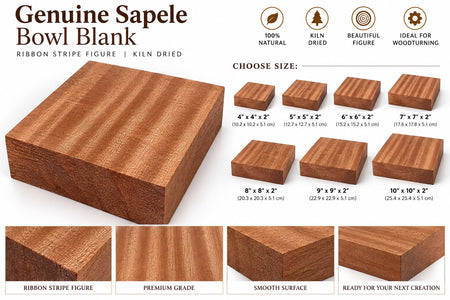 A promotional graphic for a Genuine Sapele Bowl Blank wood block, showing a large rectangular wood sample with visible grain, size options, feature icons, and close-up texture panels on a white background.