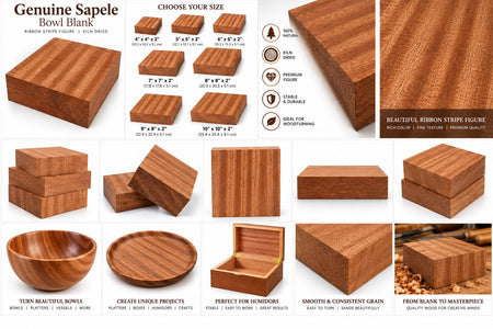 A collage-style product information sheet for Genuine Sapele wood blanks, showing multiple wood blocks and turned bowls with size options, finish icons, and descriptive text panels on a white background.