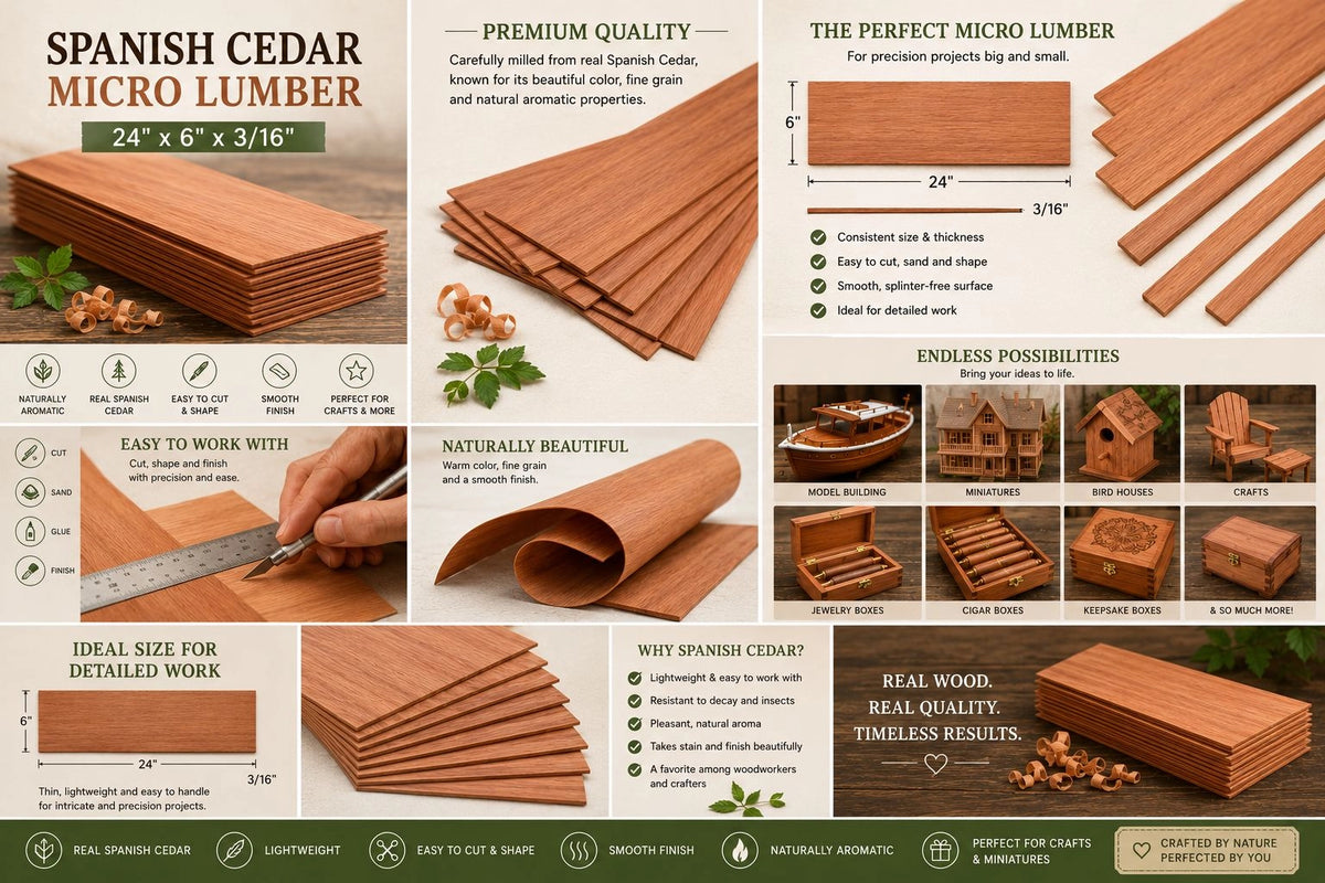 Spanish Cedar Micro Lumber – 24" x 6" x 3/16" – Premium Kiln-Dried Exotic Hardwood
