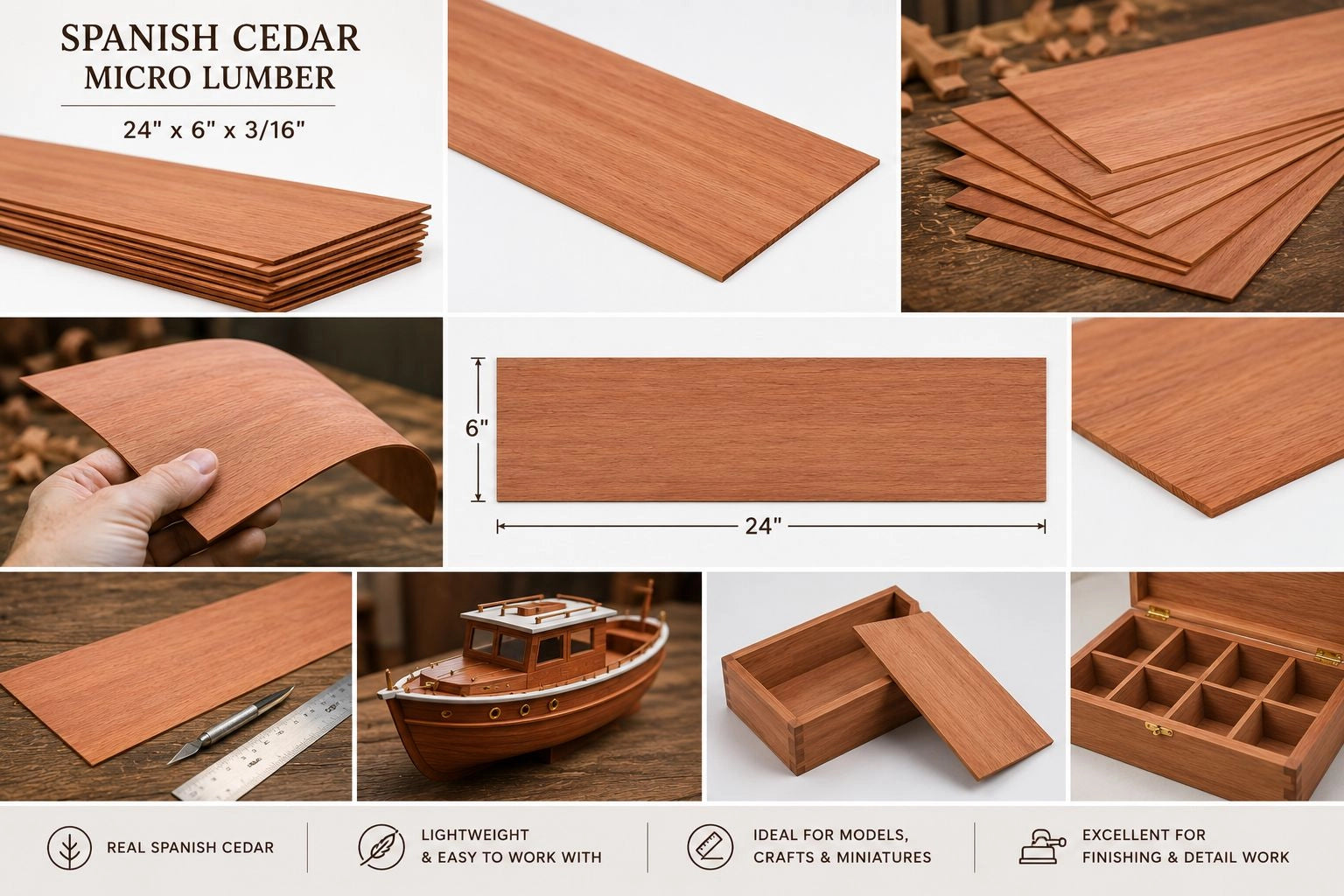 Spanish Cedar Micro Lumber – 24" x 6" x 3/16" – Premium Kiln-Dried Exotic Hardwood