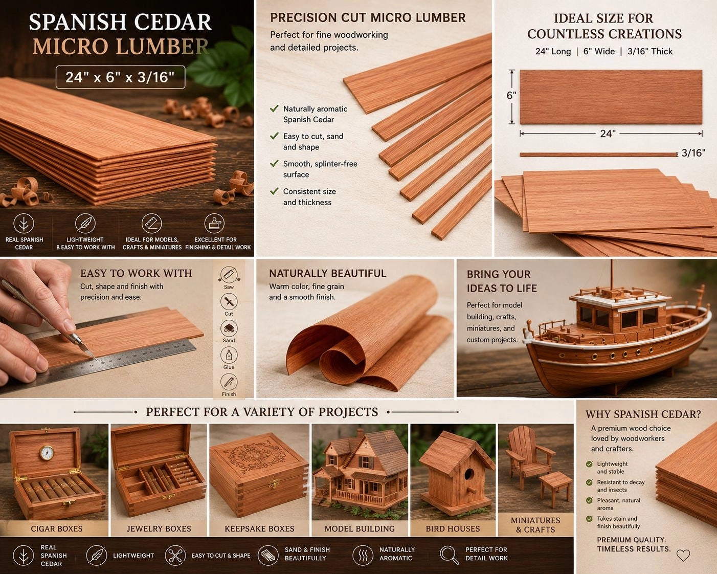 Spanish Cedar Micro Lumber – 24" x 6" x 3/16" – Premium Kiln-Dried Exotic Hardwood