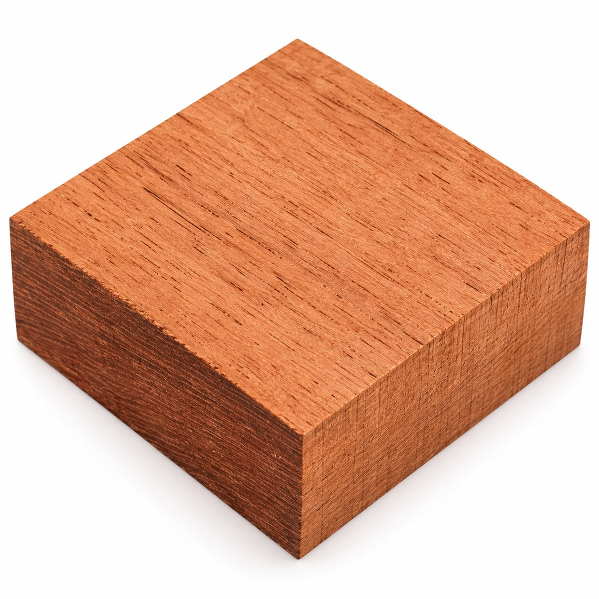 A square block of reddish-brown wood with visible grain texture, shown on a clean white background.