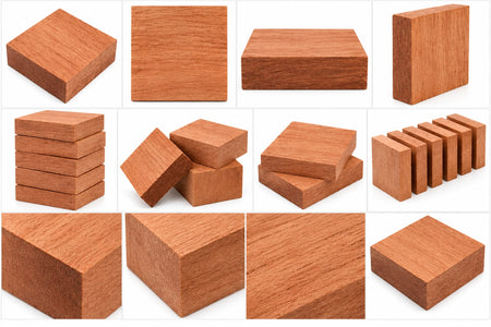 A collage of multiple views and groupings of square wooden blocks with a warm reddish-brown wood grain finish, shown on a white background.