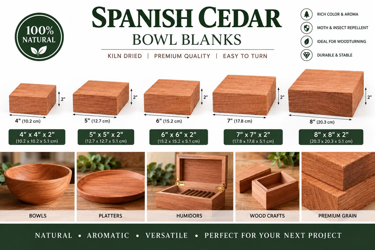 A product infographic for Spanish Cedar Bowl Blanks, showing various sizes of raw wooden blank blocks with dimensions, finished bowls and platters, and text highlighting the benefits of kiln-dried cedar.