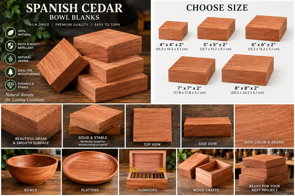 Spanish cedar wood blanks and finished wooden bowls and boxes shown on a white infographic-style product page. The top section shows multiple cedar blocks with size options labeled 4 x 4 x 2, 5 x 5 x 2, 6 x 6 x 2, 7 x 7 x 2, and 8 x 8 x 2.