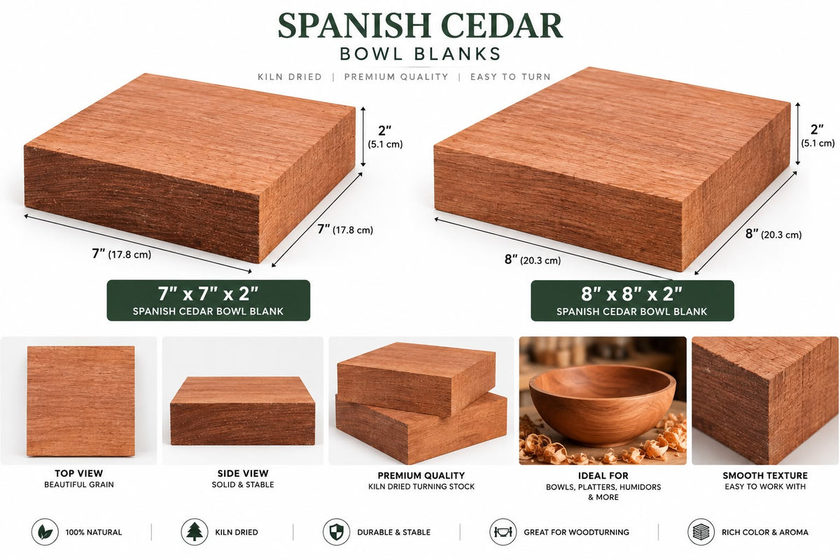 A product information graphic for Spanish Cedar bowl blanks showing two rectangular wood blocks with dimensions labeled: one 7 x 7 x 2 inches and one 8 x 8 x 2 inches. The graphic includes the title 'SPANISH CEDAR BOWL BLANKS,' material benefits, cross-section views, feature callouts, and small icons indicating natural wood, kiln dried, durable, and rich color/odor.