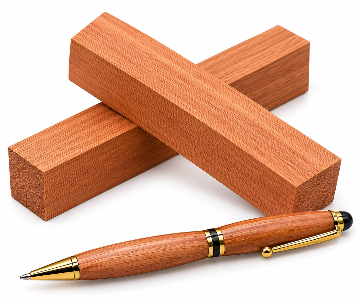 A wooden ballpoint pen with gold trim and a black tip, displayed diagonally in front of two matching wooden blocks on a white background.