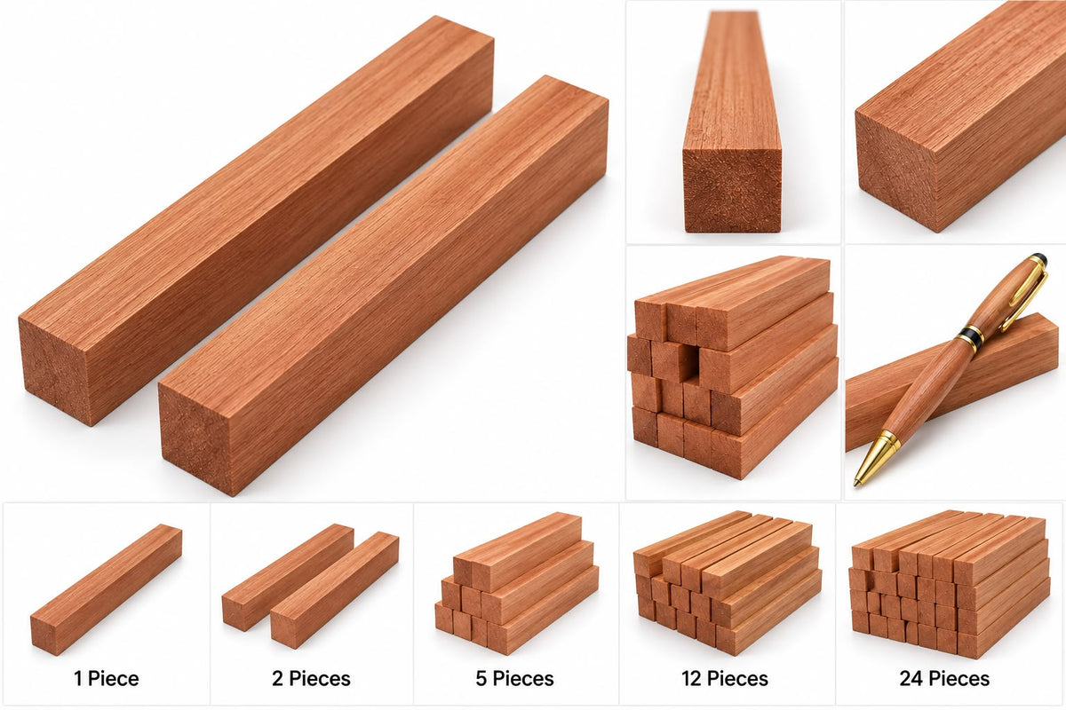 A collage showing multiple views and quantities of reddish-brown wooden blocks or pencils made from wood veneer, with labels indicating 1 piece, 2 pieces, 5 pieces, 12 pieces, and 24 pieces. A pen with a matching wood finish is also shown in one panel.