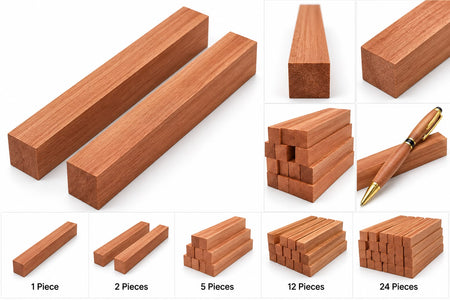 A collage showing multiple views and quantities of reddish-brown wooden blocks or pencils made from wood veneer, with labels indicating 1 piece, 2 pieces, 5 pieces, 12 pieces, and 24 pieces. A pen with a matching wood finish is also shown in one panel.