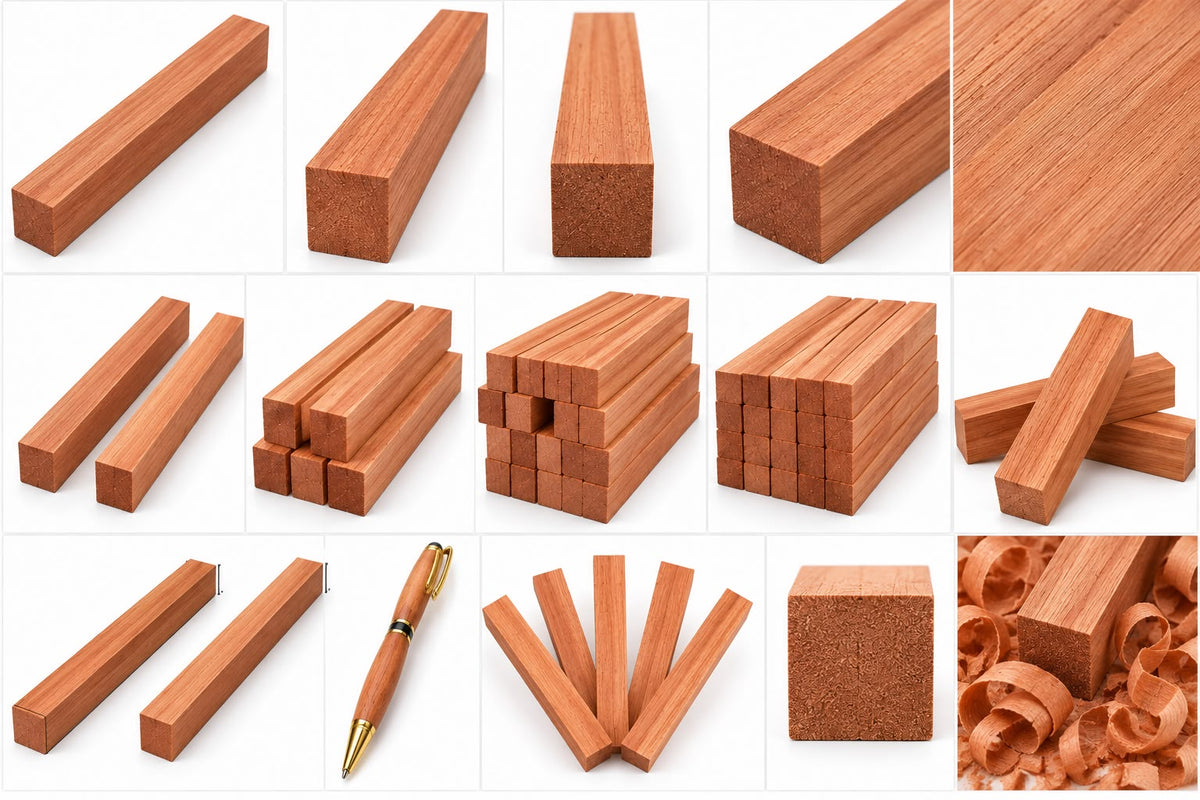 A collage showing multiple views and uses of reddish-brown wood blocks and strips, including a close-up wood grain panel, stacked wood pieces, a pen made from wood, and wood shavings. The pieces are arranged on a white background with thin gray dividing lines.