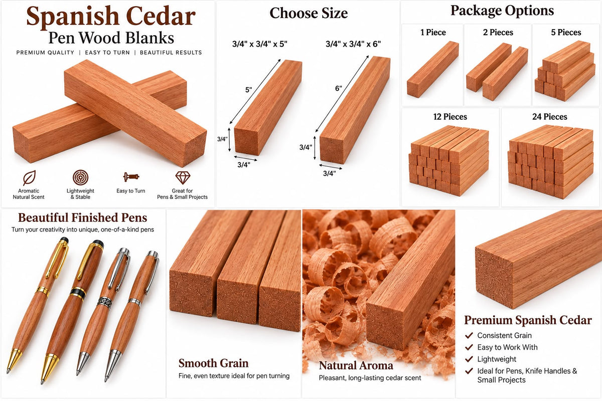 Spanish Cedar pen blanks and finished pens shown on a branded infographic-style product page. The layout includes size options, package quantities, a close-up of the wood grain, shavings, and several polished wooden pens with gold-toned metal tips.