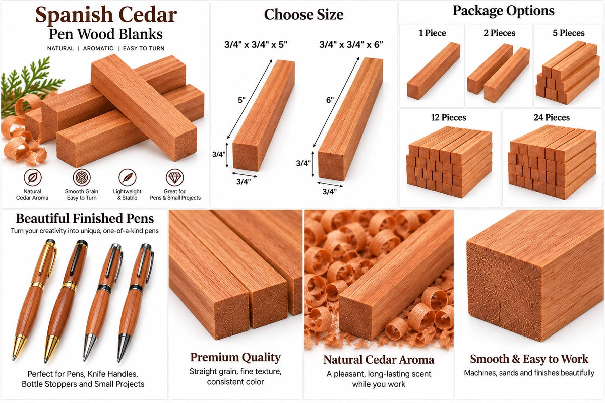 A promotional infographic for a set of Spanish Cedar pen wood blanks, showing multiple wood blank sizes, package options, finished pen examples, and text callouts about natural cedar aroma, smooth grain, and suitability for crafts and pen making.