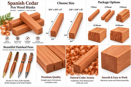 A promotional infographic for a set of Spanish Cedar pen wood blanks, showing multiple wood blank sizes, package options, finished pen examples, and text callouts about natural cedar aroma, smooth grain, and suitability for crafts and pen making.