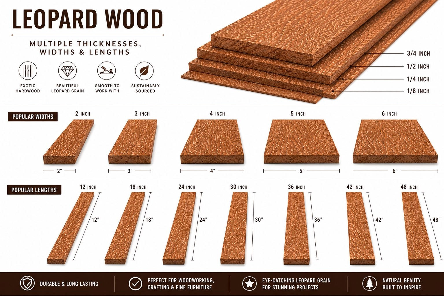 1/8", 1/4", 1/2" Thick Leopardwood Dimensional Boards – Exotic Hardwood Lumber for Fine Woodworking