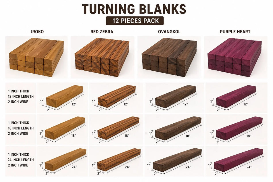 Wood Turning Blanks Set - Iroko, Red Zebra, Ovangkol, Purple Heart (12 pc combo)