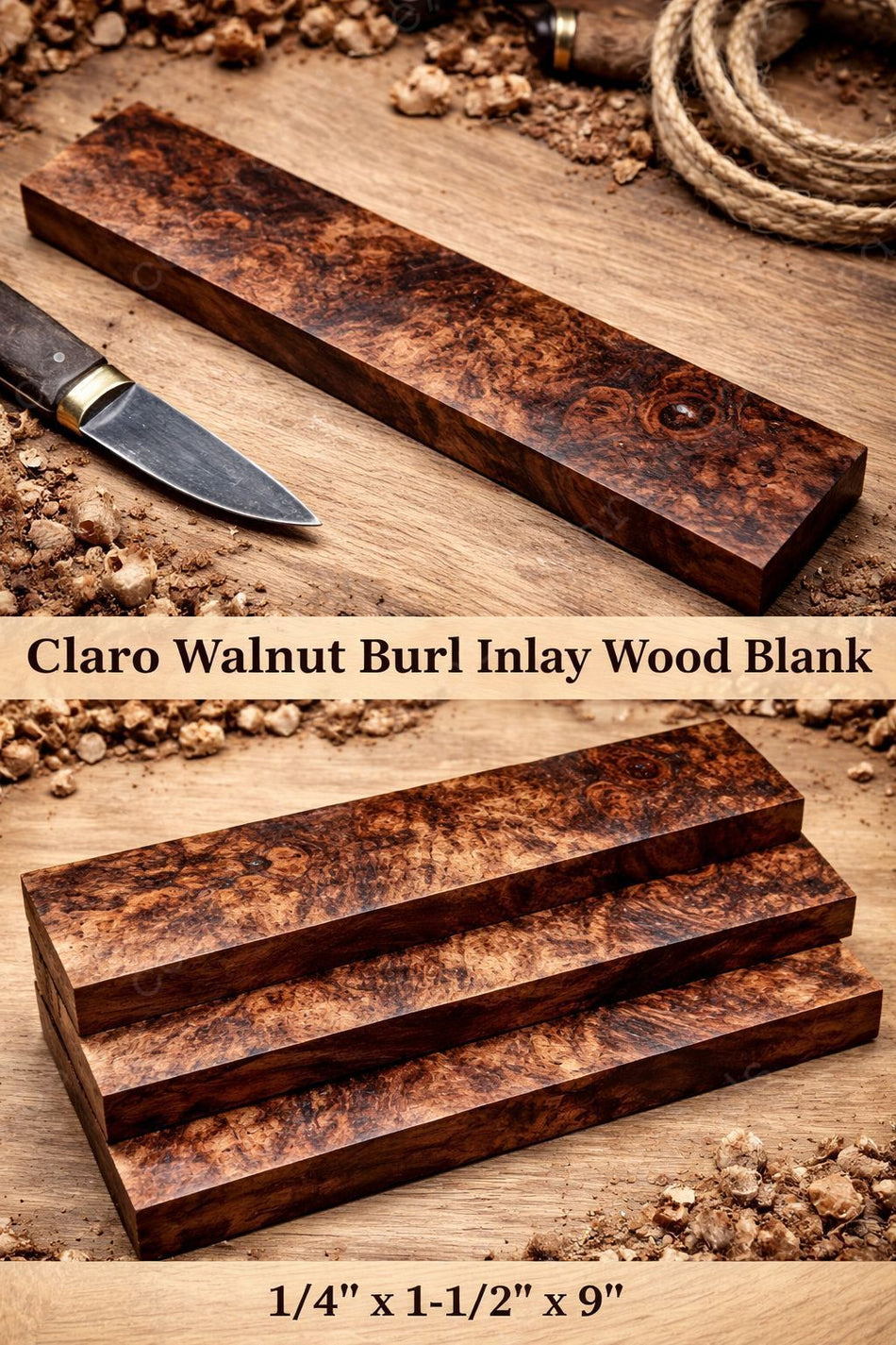 Claro Walnut Burl Inlay Wood Blank – 1/4" x 1-1/2" x 9" | Figured Hardwood for Fine Woodworking