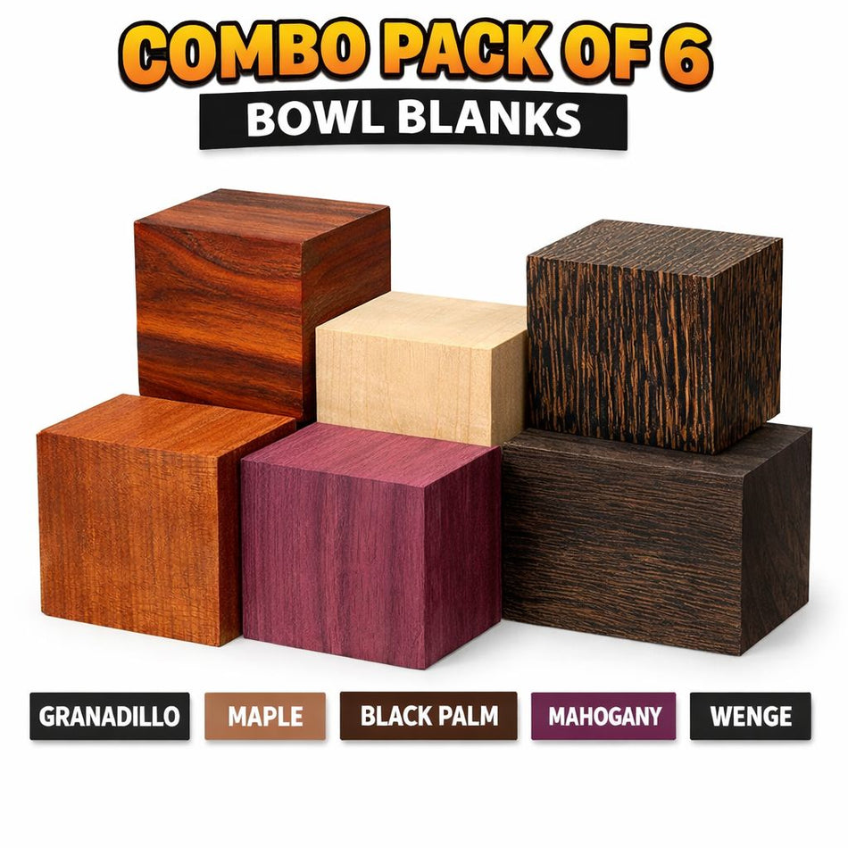 Combo Pack of 6 Exotic Bowl Blanks – Granadillo, Maple, Black Palm, Mahogany, Purpleheart & Wenge