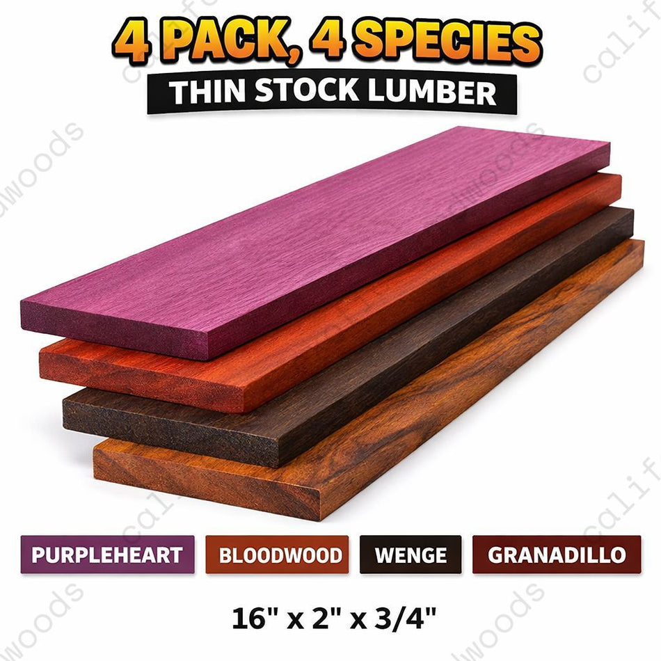 4 Pack Exotic Thin Stock Lumber – Purpleheart, Bloodwood, Wenge & Granadillo (16" x 2" x 3/4")