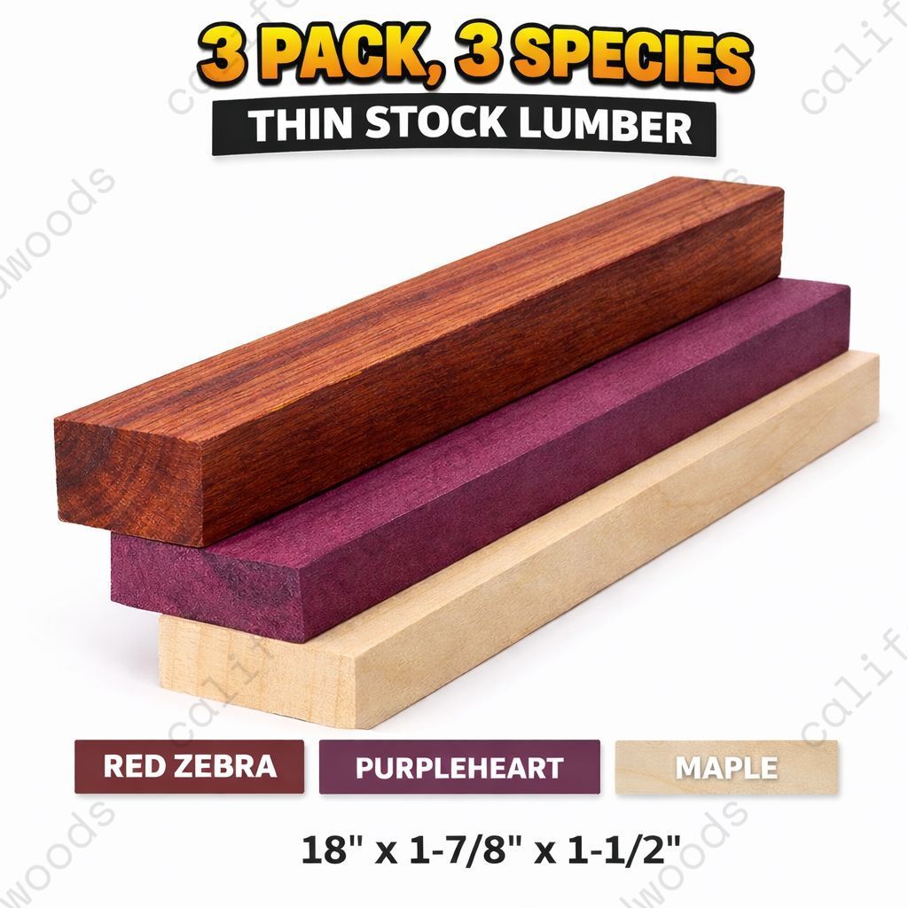 3 Pack Exotic Thin Stock Lumber – Red Zebrawood, Purpleheart & Maple (18" x 1-7/8" x 1-1/2")