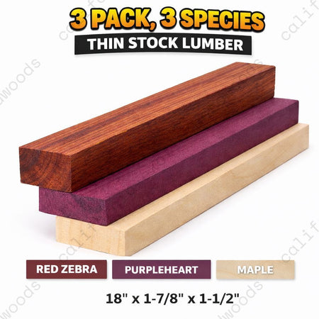 3 Pack Exotic Thin Stock Lumber – Red Zebrawood, Purpleheart & Maple (18" x 1-7/8" x 1-1/2")
