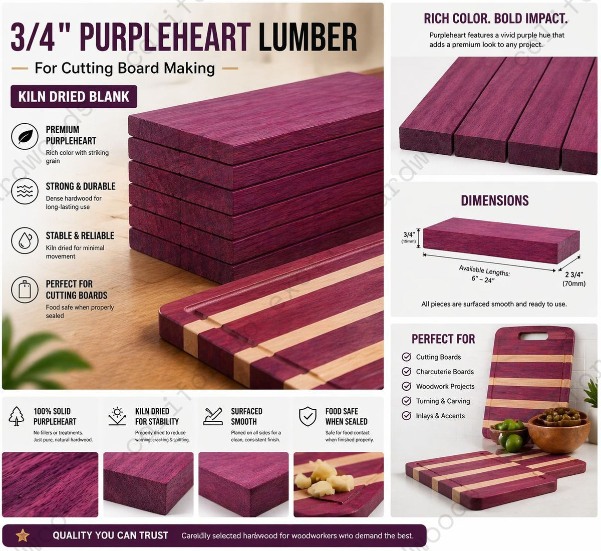 3/4" Purpleheart Lumber for Cutting Boards