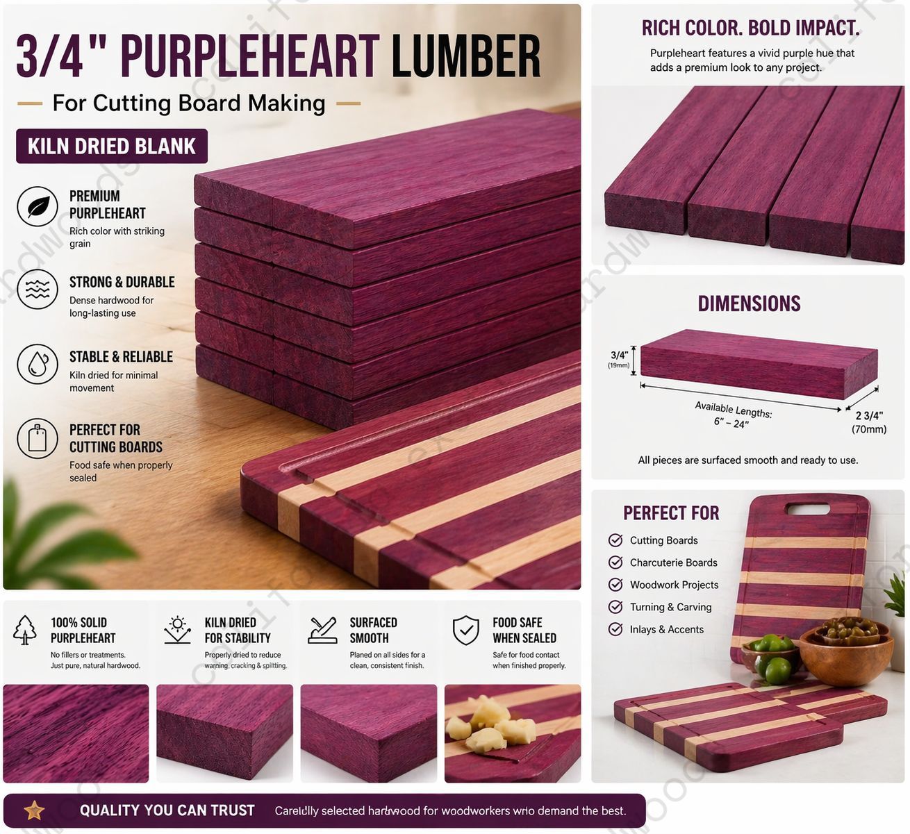3/4" Purpleheart Lumber for Cutting Boards