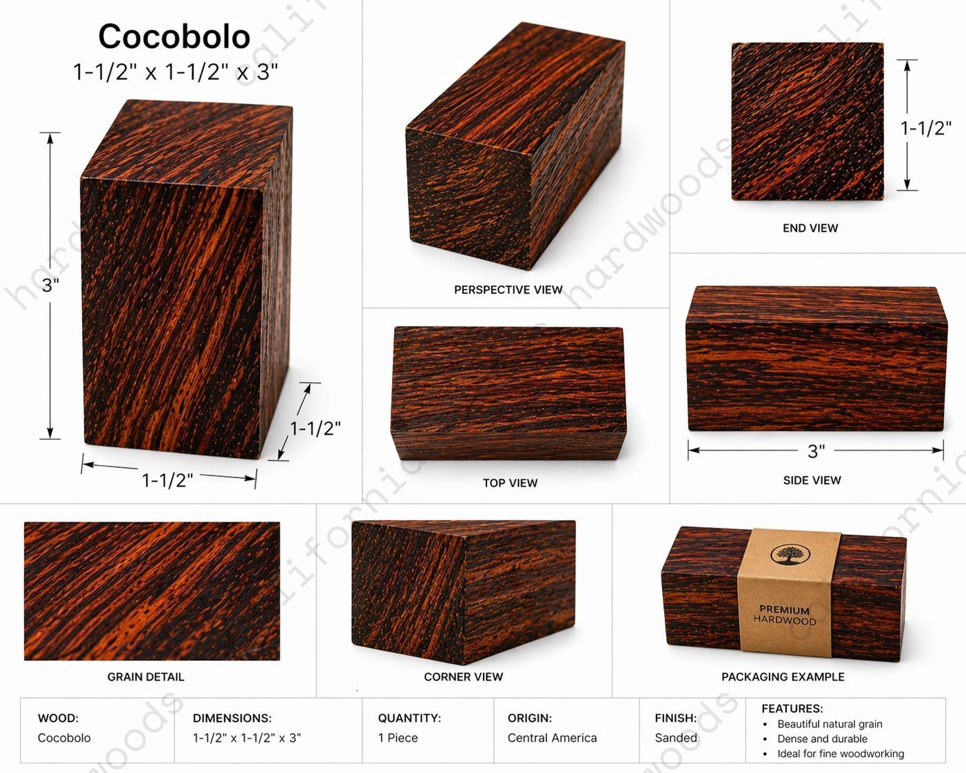 Cocobolo Wood Blank – 1-1/2" x 1-1/2" x 3" | Exhibition Grade Pieces for Fine Crafting