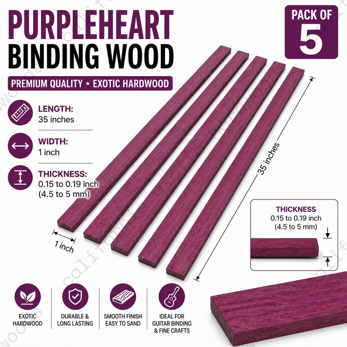 Pack of 5 Purpleheart Binding Wood