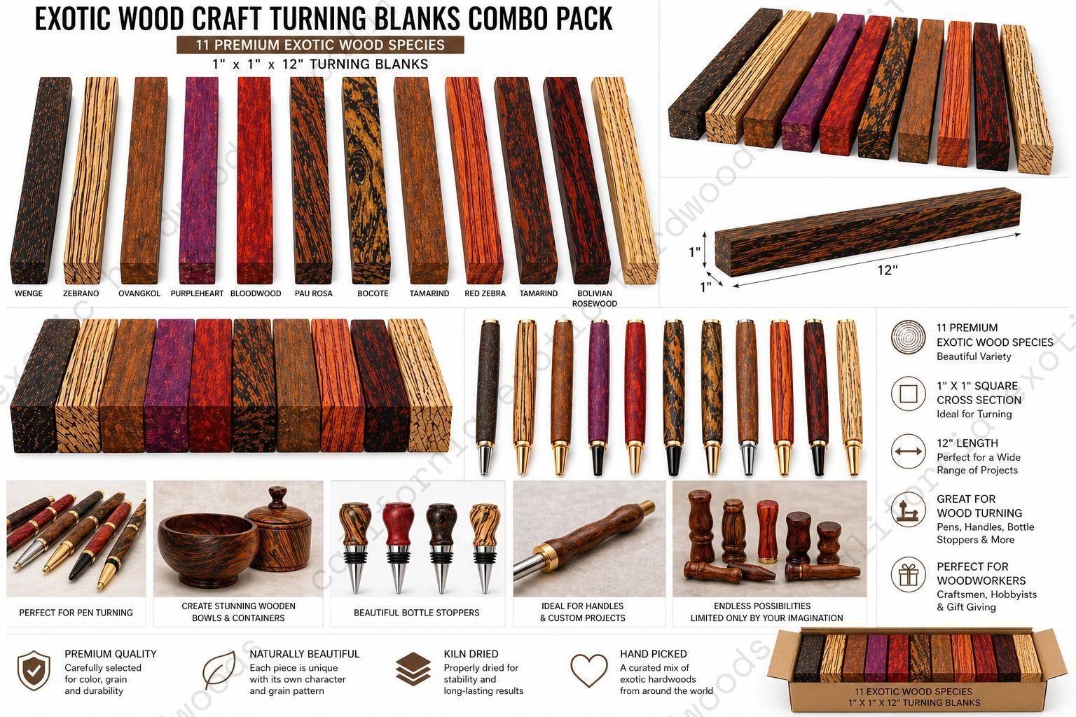 Exotic Wood Turning Blanks Combo Pack (1" x 1" x 12")