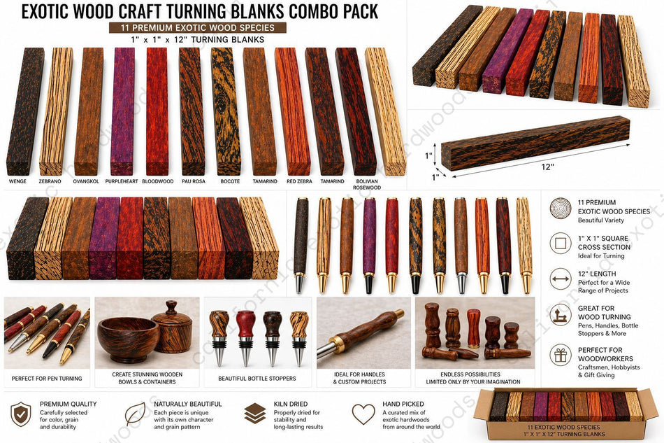 Exotic Wood Turning Blanks Combo Pack (1" x 1" x 12")