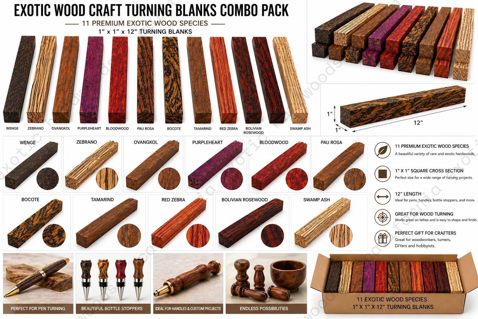Exotic Wood Turning Blanks Combo Pack (1" x 1" x 12")